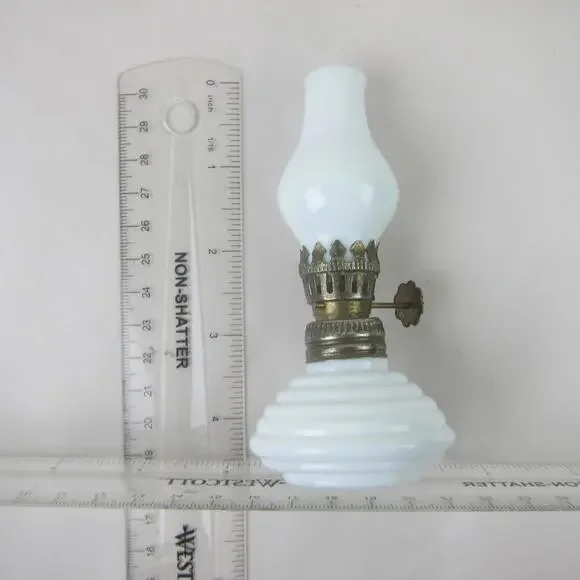 Antique Miniature Oil Lamp White Milk Glass Chimney & Beehive Base 4.5 Tall